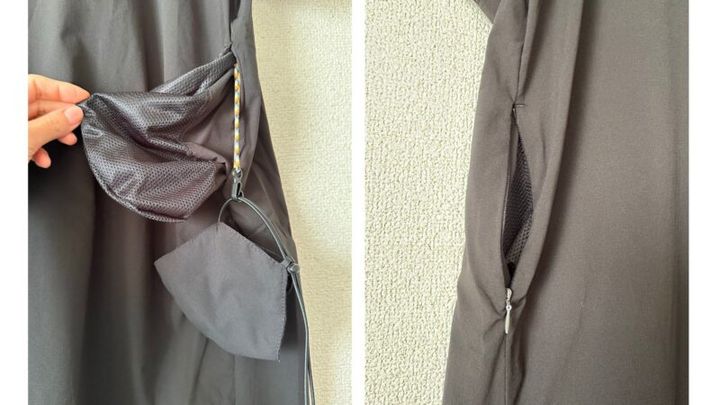 ワークマン2026年春夏レディース新製品：花粉症対策ウェアとして人気のエアロクラスターワンピースのポケット＆付属のマスク拡大画像