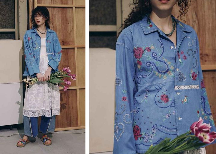 画像: 【フリーダ】 オープンカラー 刺繍 シャツジャケット（サックスブルー）¥14,960（フリークス ストア） 出典：フリーダ