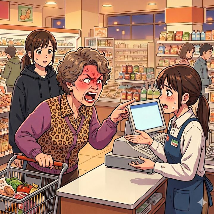 Angry older woman shouting and pointing at a young cashier at a grocery store checkout; a bystander looks on as the embarrassed cashier handles the register.