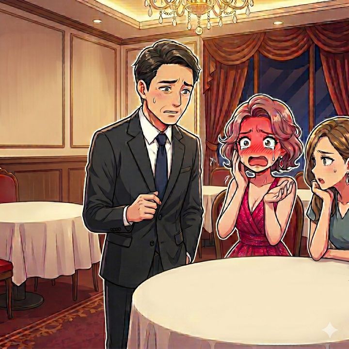 A man in a black suit stands beside a round banquet table, sweating and looking anxious as two women at the table react with shock and blushing faces in an elegant dining room.