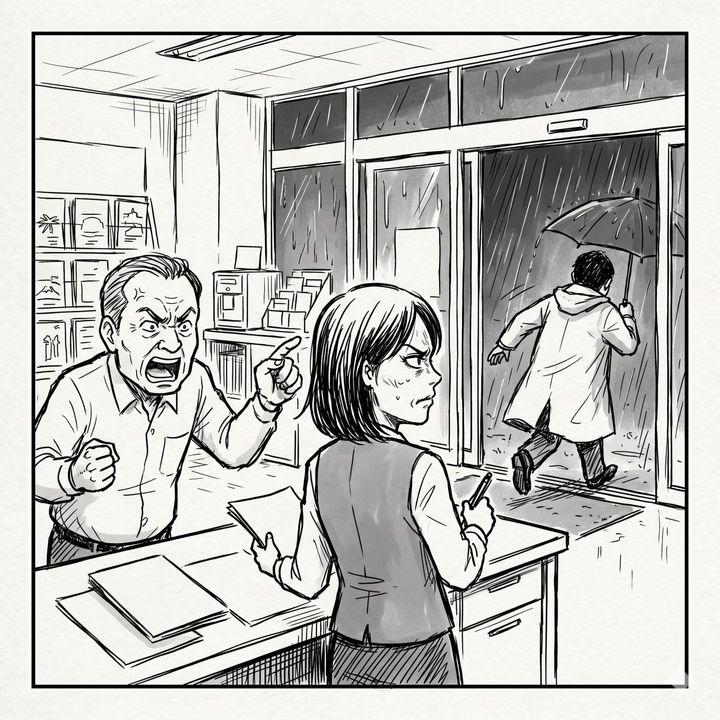 A store clerk and a shouting customer argue at the checkout while another customer rushes out into the rainy street with an umbrella.