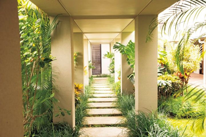 自然と建築の一体感が感じられる、ラウンジへとつながる３階の屋外通路