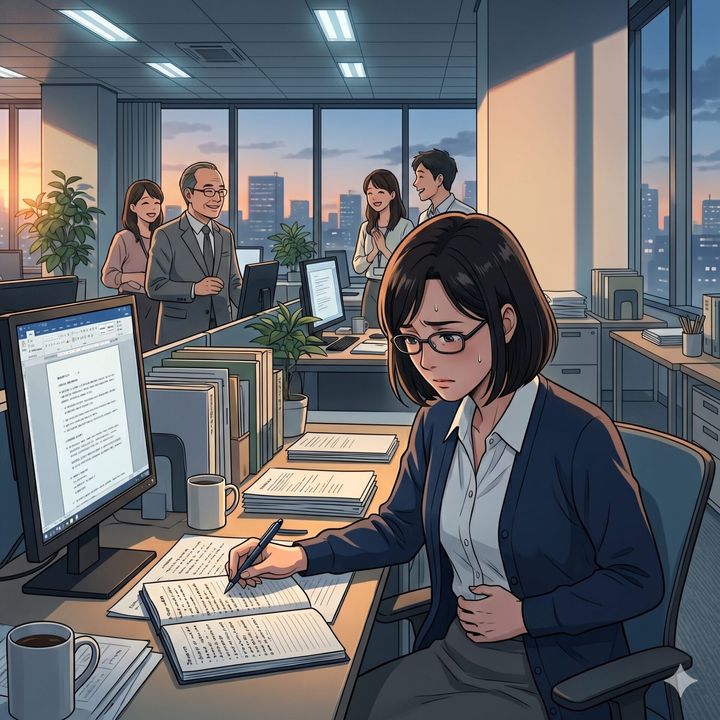 Woman with glasses in a blue blazer sits at a cluttered desk, writing in a notebook while coworkers chat in a bright office at sunset.