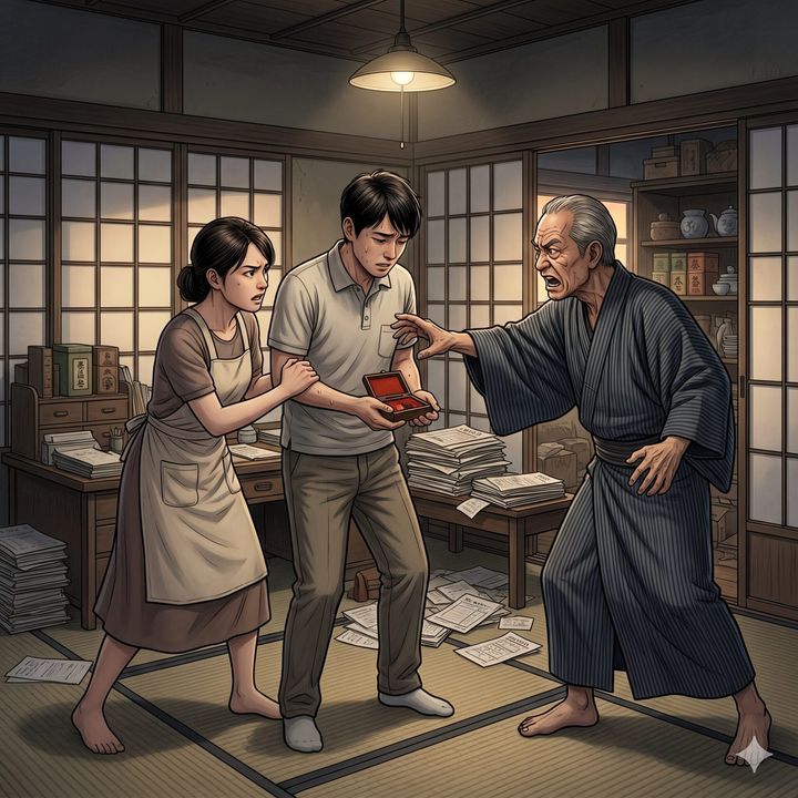 In a cluttered Japanese-style room, a stern elderly man in a robe points at a startled young man who holds an open red box, while a frightened woman grips his arm.