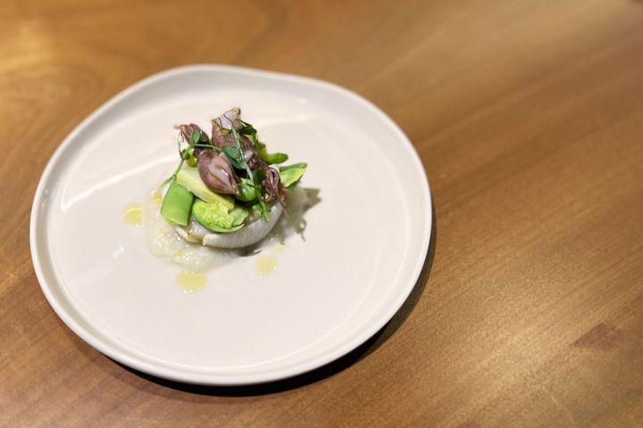 「温かな前菜：ホタルイカのガレット 春野菜のサラダ仕立て」