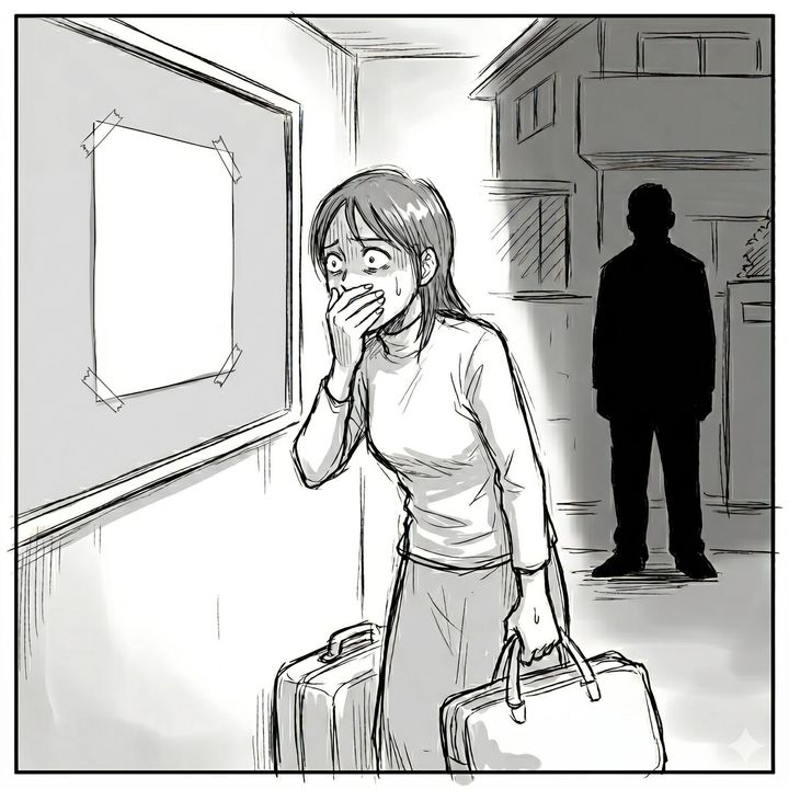 Worried woman with two suitcases covers her mouth as a shadowy man stands in a hallway behind her.