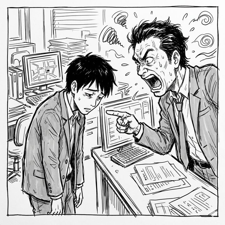 Angry boss shouts and points at a tired coworker in a cluttered office with papers and monitors nearby.