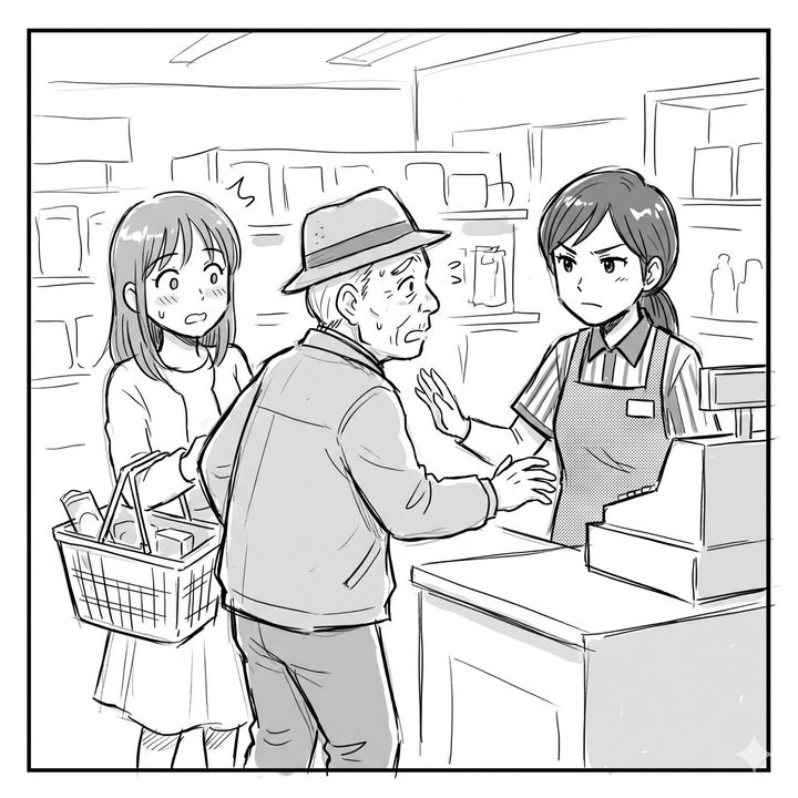 Elderly man in a hat argues at the store checkout as a surprised young woman with a shopping basket watches nearby.