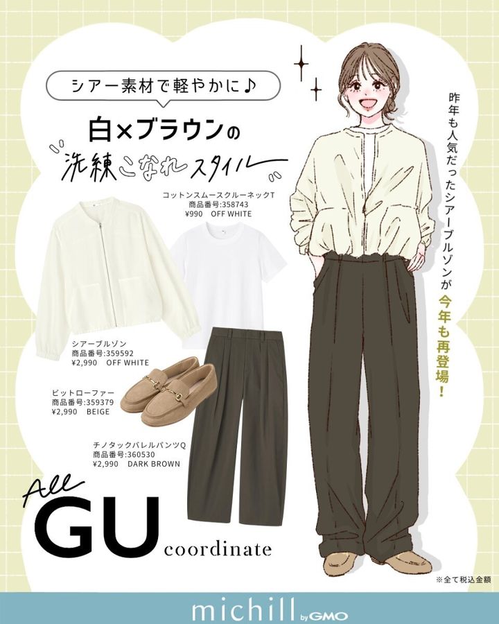 上下GU白シアーブルゾンバレルパンツコーデ