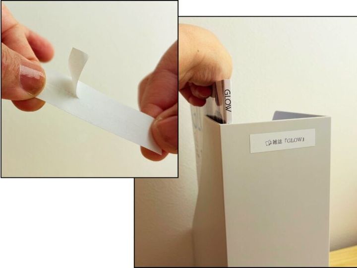 カットしたラベルの裏紙をはがしてペタリ。裏紙中央に切り込みがあってはがしやすい！