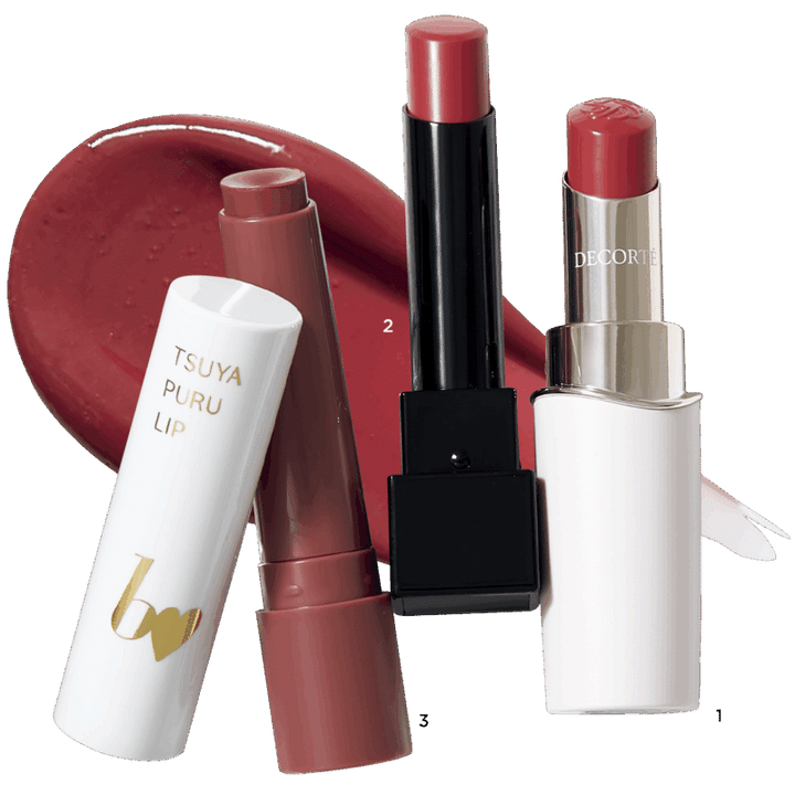 1.ルージュデコルテ ティント ＆ プランプ 02（コスメデコルテ） 2ケイト リップモンスター 20（カネボウ化粧品） 3.ビー アイドル つやぷるリップ R 106（かならぼ）