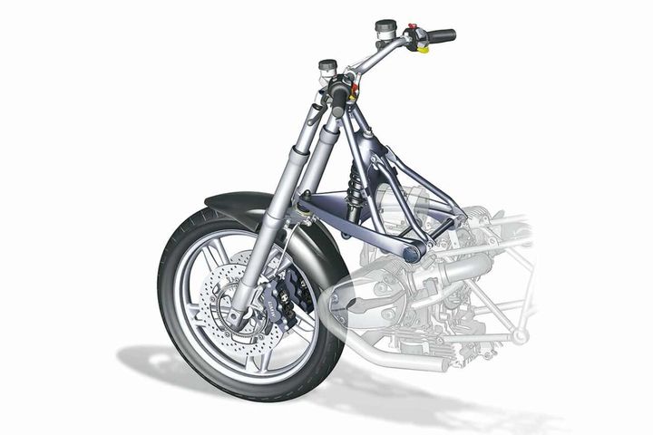 【テレレバー】左右のアウターチューブを繋ぐブラケットを、フレームにピポットを持つセミトレーリングアーム（Aアーム）で支持。セミトレーリングアームの中央に、ショックユニットを備えている。R1100RSで初採用された。