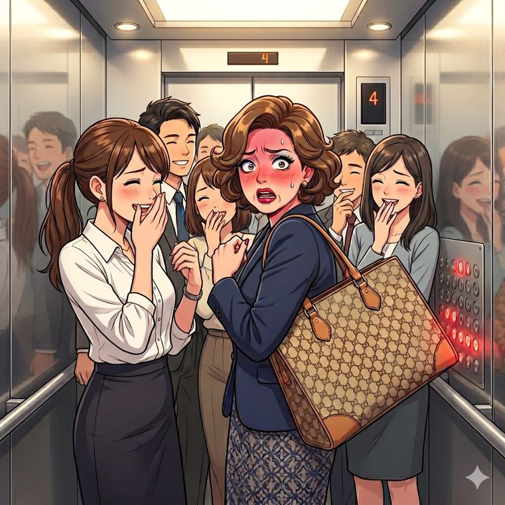 An anxious woman in a navy blazer stands in a crowded elevator, surrounded by laughing coworkers, carrying a large patterned handbag.