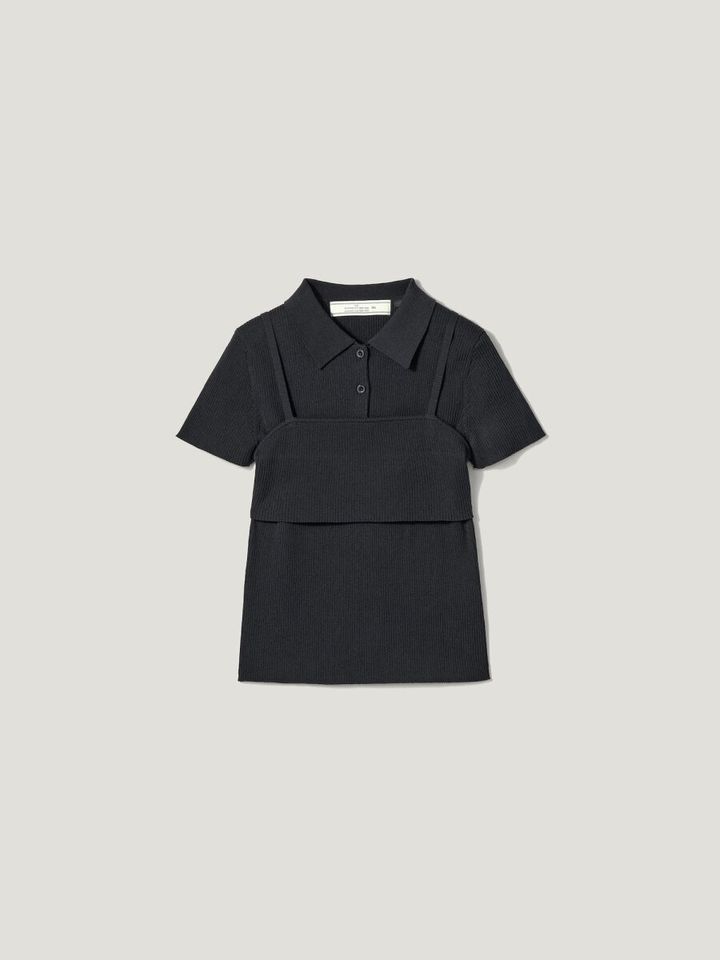 2026gu春大人女性おすすめ黒2ピースリブニットポロシャツ