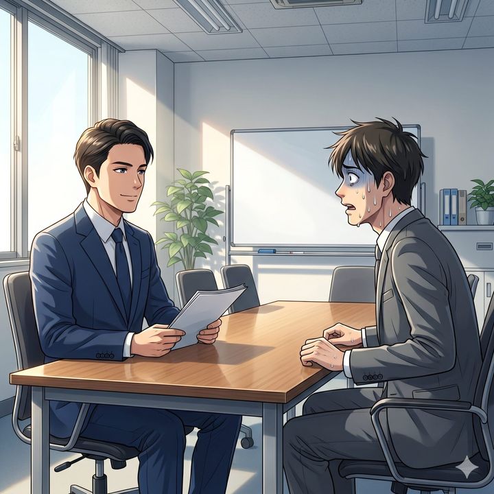 Two businessmen in an office; one calm interviewer in a blue suit holds a folder, while the other tense candidate in a gray suit sweats and fidgets.