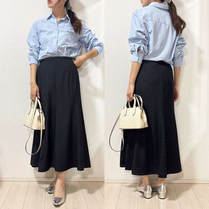 ユニクロのマーメイドマキシスカート×ブルーシャツのオフィスコーデ全身