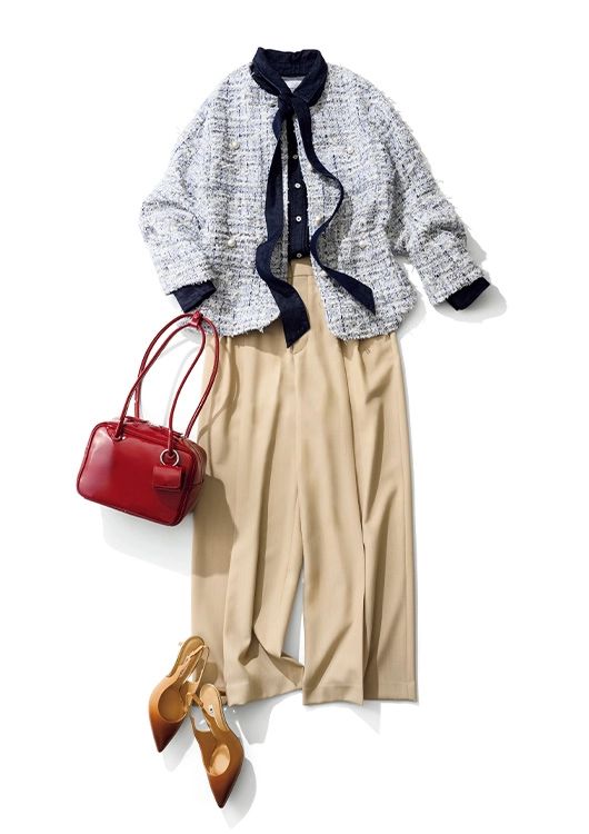 デニムボウタイ着回し ツイードジャケット×パンツ