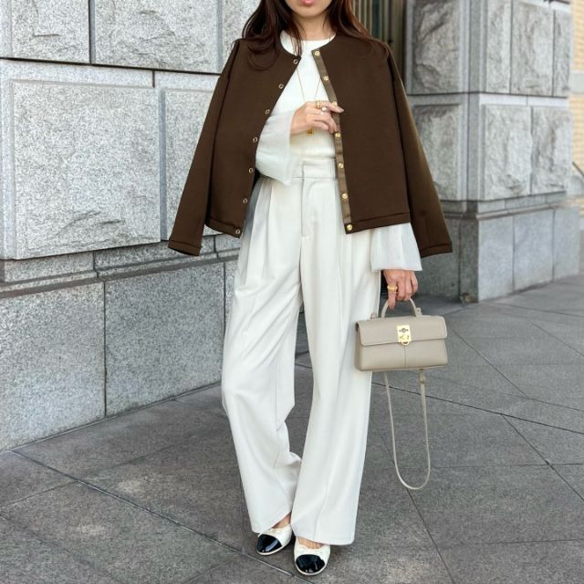 タックワイドパンツを着たコーデ