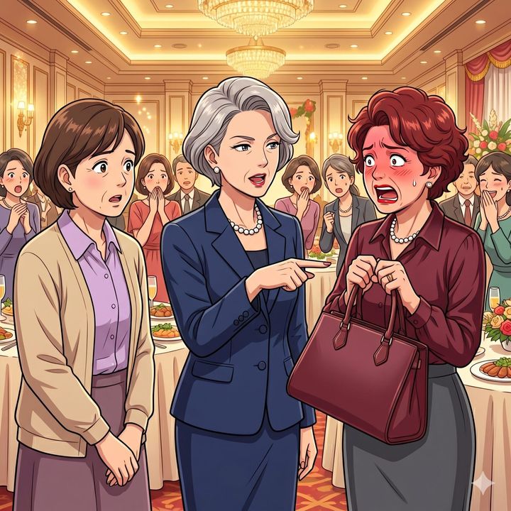 Formal banquet scene: a gray-haired woman in a blue suit points at a red-faced woman holding a maroon purse while surprised guests look on.
