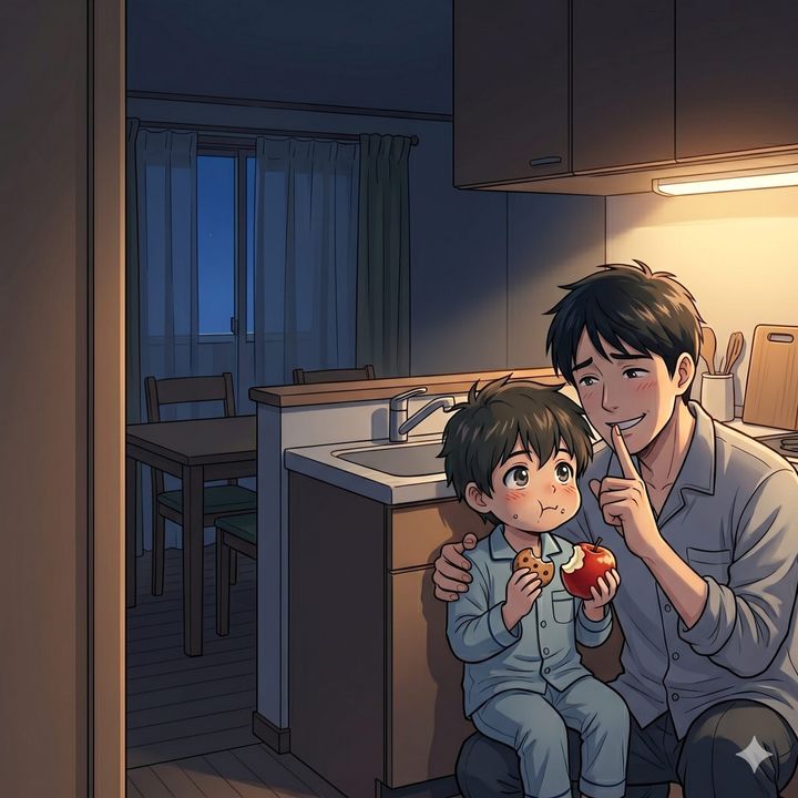 Father kneels beside his young son in a warmly lit kitchen at night, feeding him a bite of apple during a quiet moment.