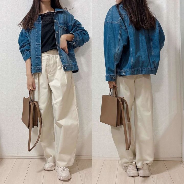 guチノタックバレルパンツナチュラルデニムジャケットカジュアルコーデ