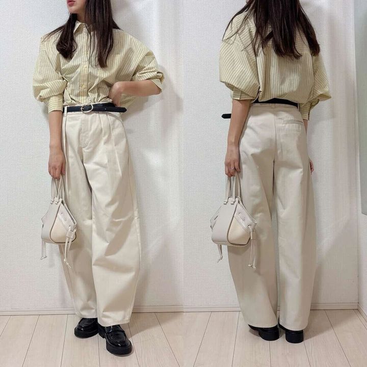 guチノタックバレルパンツナチュラルイエローストライプシャツきれいめコーデ