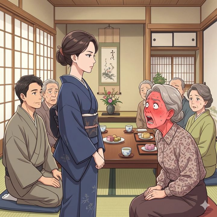 Young woman in a blue kimono stands formally beside a red-faced elderly woman at a low dining table in a traditional Japanese room, with family watching.