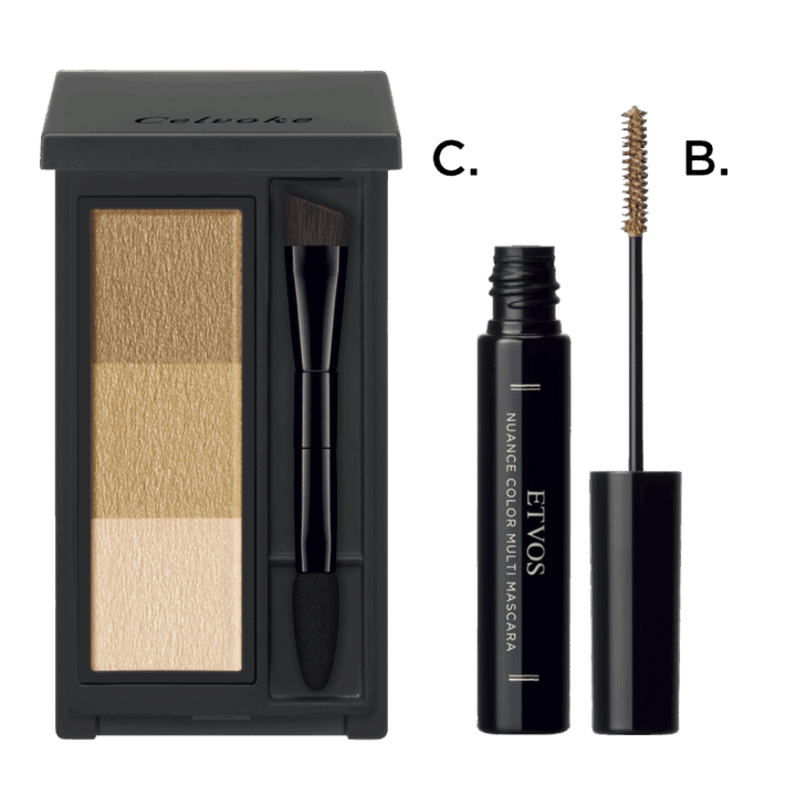 B.ニュアンスカラーマルチマスカラ ベーシックブラウン（エトヴォス） C.インディケイト アイブロウパウダー 12（セルヴォーク）