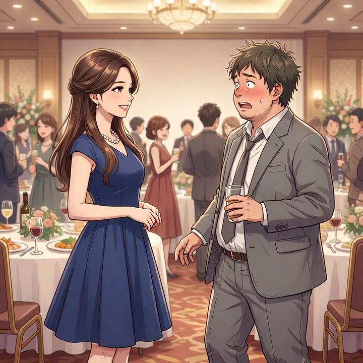 A man in a gray suit looks flustered as a woman in a blue dress smiles at him at a formal reception.