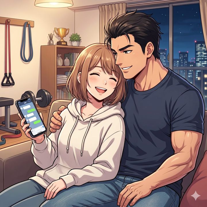 Anime-style couple cuddles on a couch in a cozy room at night, the woman showing a messaging app on her phone. A gym corner and city lights are in the background.