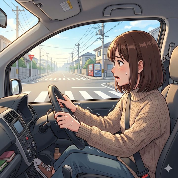 Young woman driving a car, gripping the steering wheel, looking worried on a sunny street with crosswalk ahead, wearing a beige sweater.