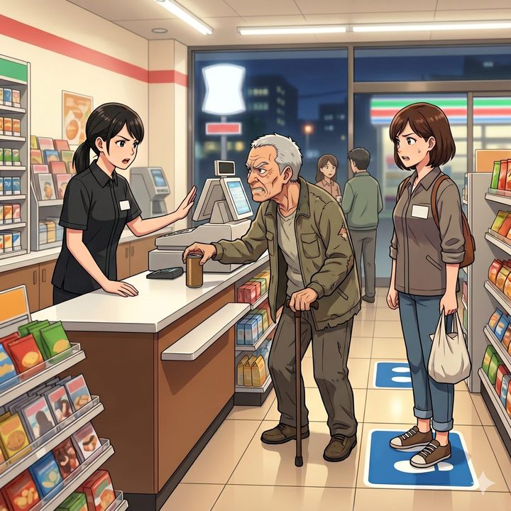 Cashier speaks to an angry elderly man at the checkout while two customers wait in a grocery store.