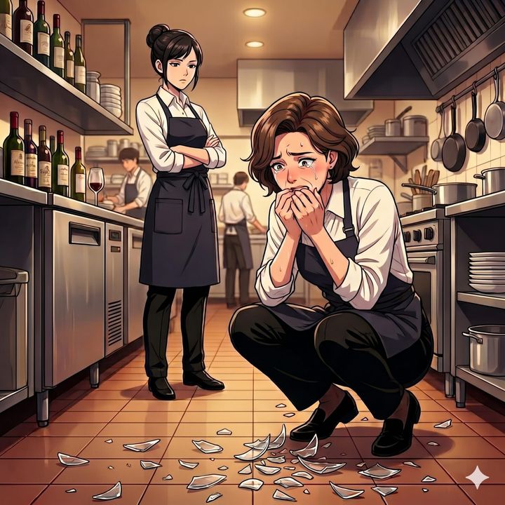 Crying kitchen worker kneels on the floor amid scattered glass shards while a supervisor stands with arms crossed and a stern expression in a busy restaurant kitchen.