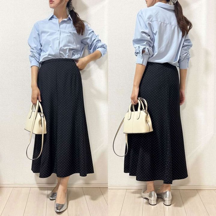 2026春ユニクロ大人女性おすすめ黒マーメイドマキシスカートお手本コーデ