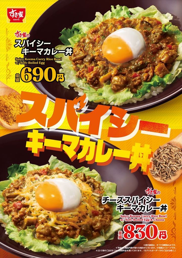 「スパイシーキーマカレー丼」（上段）と「チーズスパイシーキーマカレー丼」