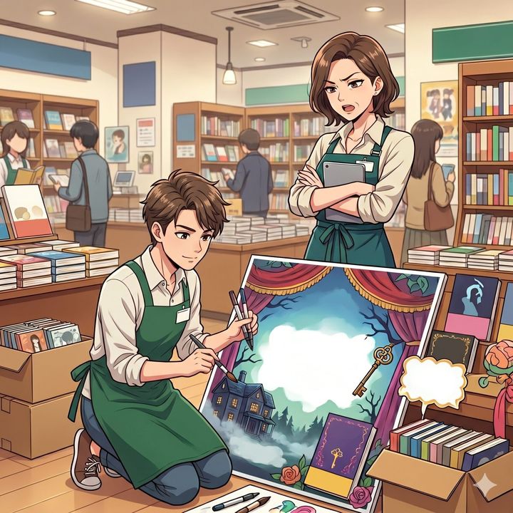 Two young artists in green aprons kneel and paint a large fantasy scene on a canvas inside a busy bookstore.