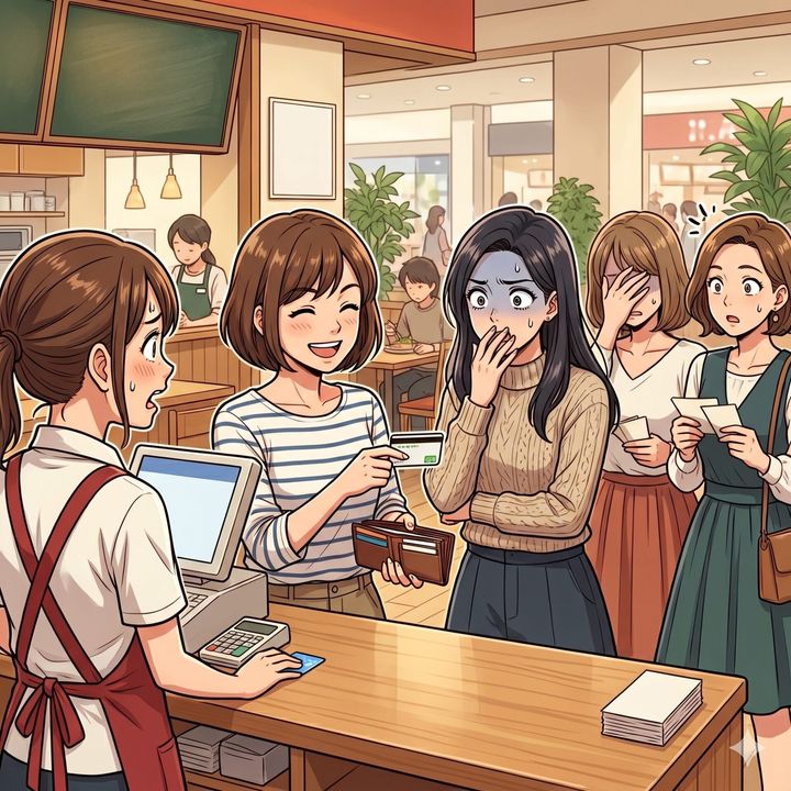 People at a cafe checkout: a cashier at a wooden counter uses a card reader while customers pay with phones and cards, chatting and waiting in line.