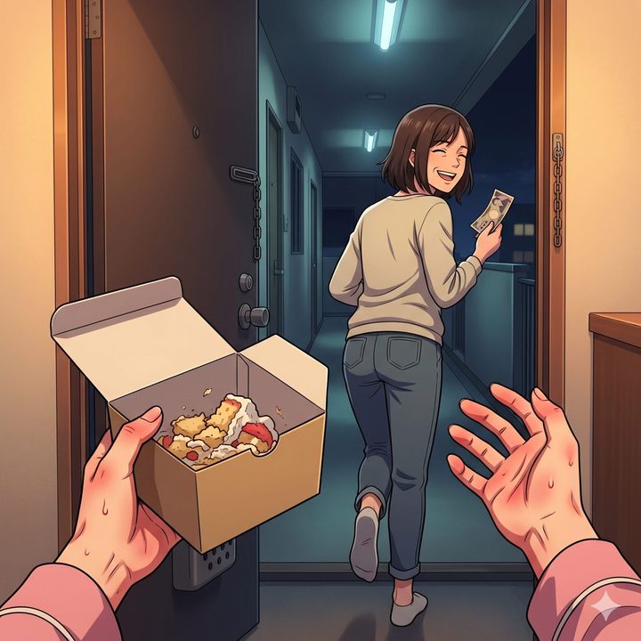 A person in a doorway offers a box of pizza to a brunette woman walking away down a dim hallway at night.