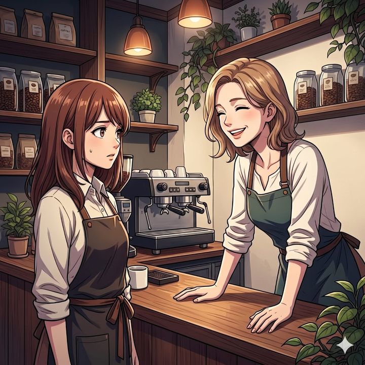 Two women baristas chat behind a wooden counter in a cozy cafe with jars of coffee beans on shelves and potted plants behind them.