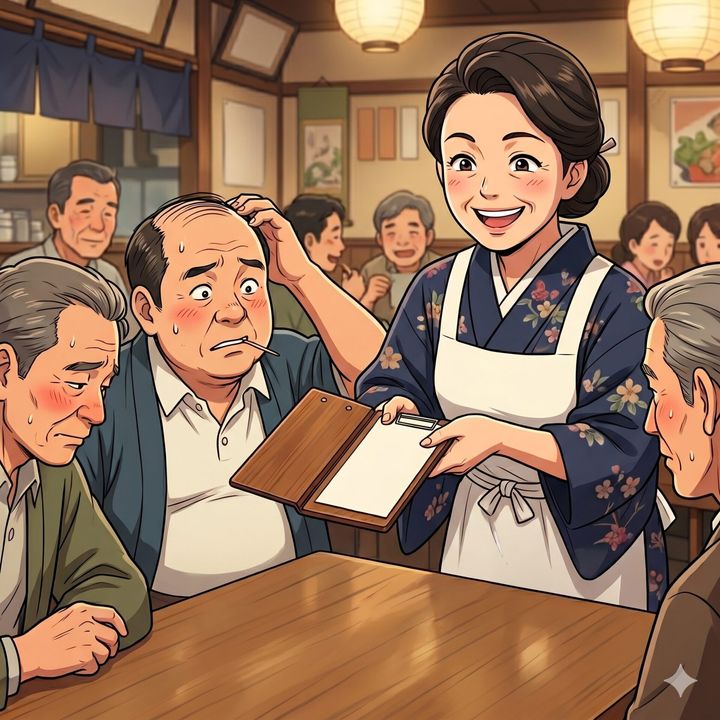 Smiling waitress in a floral kimono-style outfit helps an elderly man with a menu in a busy restaurant.