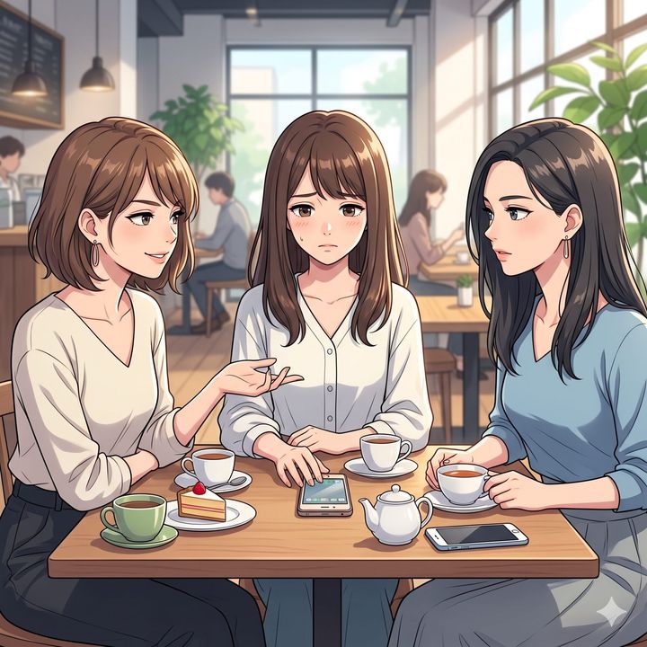 Three women talk at a cafe table with tea cups, a small dessert, and a phone on the table in front of them.