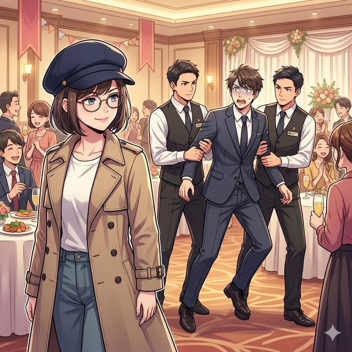 Woman in a tan trench coat and cap walks through a formal banquet hall as two staff restrain a man in a blue suit, while guests cheer in the background.