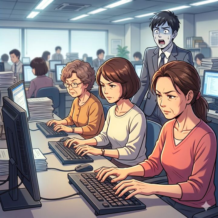 Open-plan office; three women at desks typing on keyboards, stacks of paper nearby, and a shocked man standing behind them.