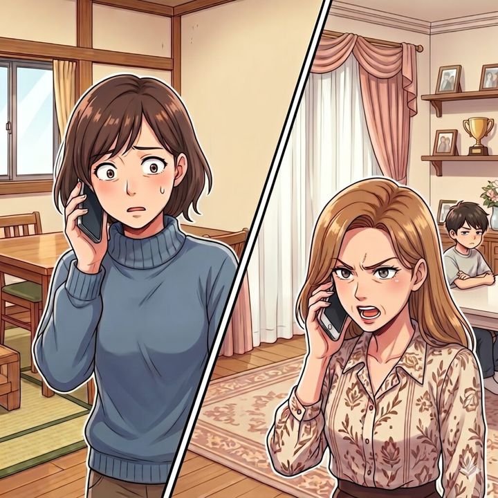 Split-panel scene of two women arguing on the phone in a cozy home: left, brown-haired in a blue sweater; right, blonde in a floral blouse with a child in the background.
