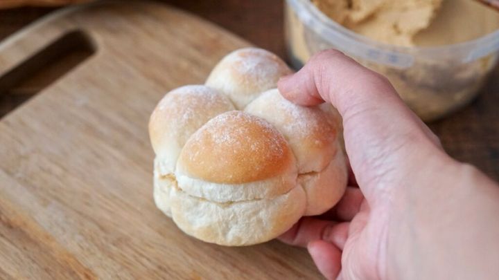 手作りちぎりパンでパン弁当。ピーナッツスプレッドを塗っています。セリアのお弁当箱にハンバーグ、ブロッコリー、ゆで卵、ケチャップパスタ。今年から2人弁当です。