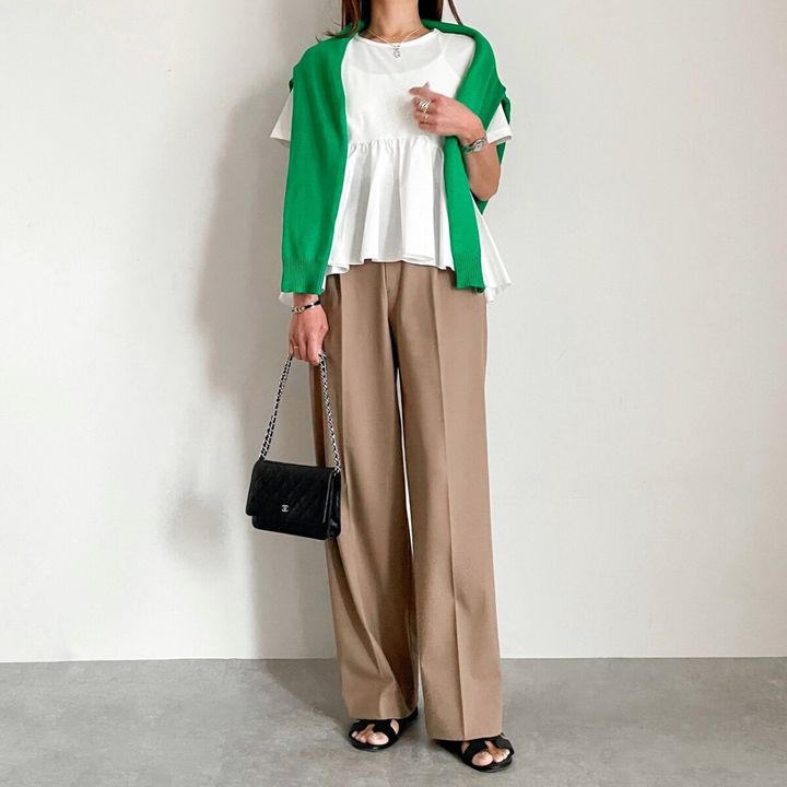 GU 布帛コンビネーションT コーデ ワイドパンツ カーディガン