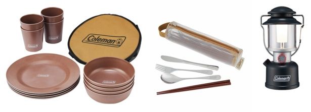 コールマンの「ステンレスカトラリーセット」・「ステンレスタンブラー」などの食器類や、LEDランタンの「リチャージブルランタン」など本格的なアウトドア空間を演出