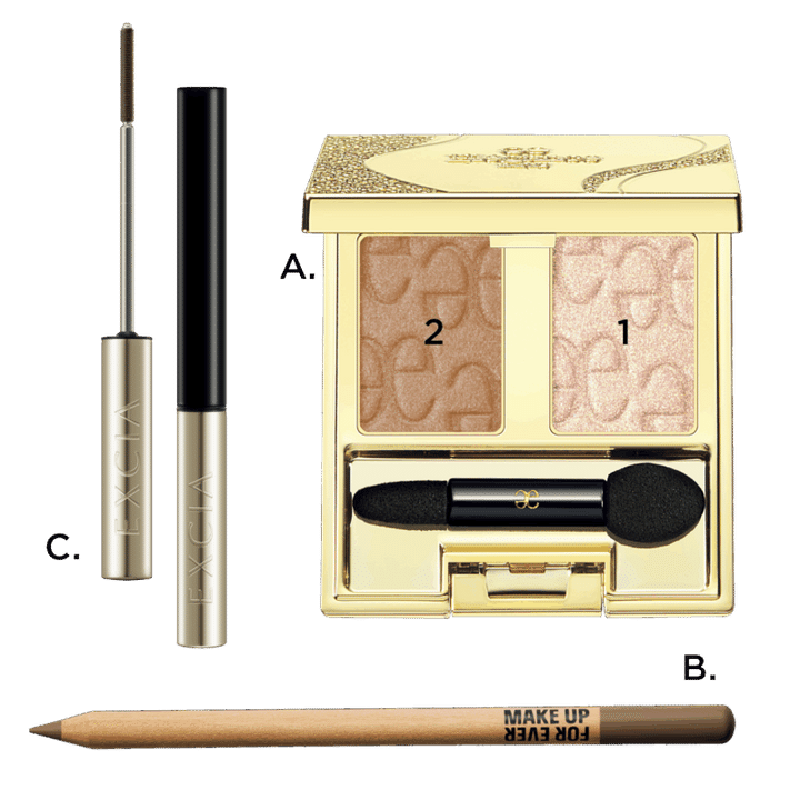 A.アルモニーアイズ 11（エレガンス コスメティックス） B.目アーティストカラーペンシル 508（メイクアップフォーエバー） C.エクシア グランフォルテ マスカラ BR20（アルビオン）