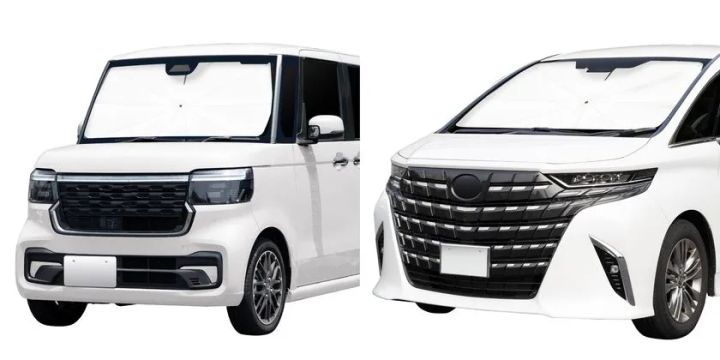 Radi-Cool 生地採用の車用サンシェード商品写真。傘型タイプの改良モデルを車内で使う様子が具体的にわかる画像。