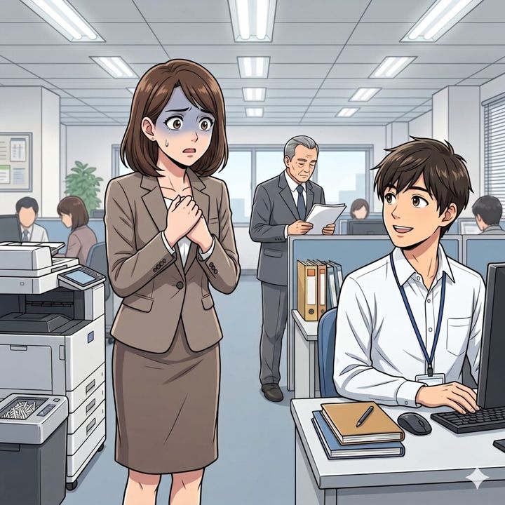 An anxious woman in a brown suit stands in a busy office, talking to a smiling male coworker at his desk while coworkers work in the background.